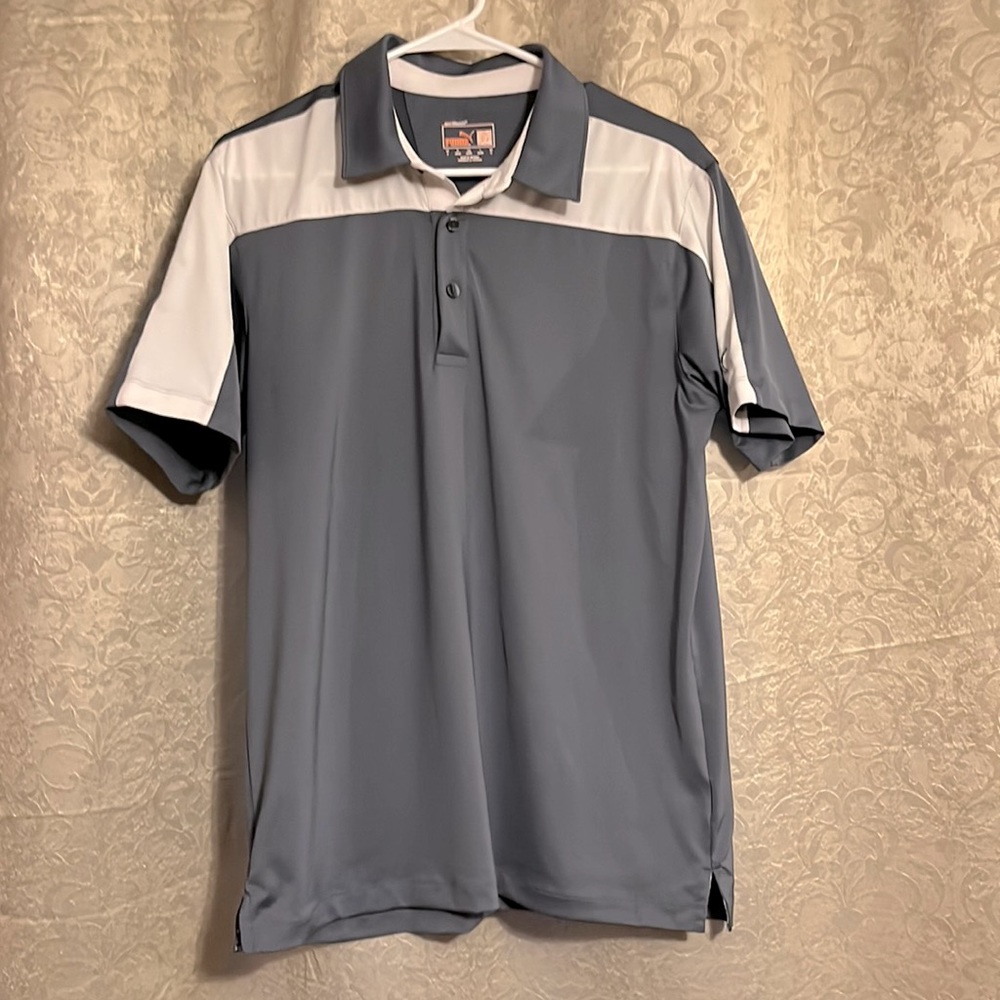 Gray Puma golf shirt with white chest stripe. Size small.
